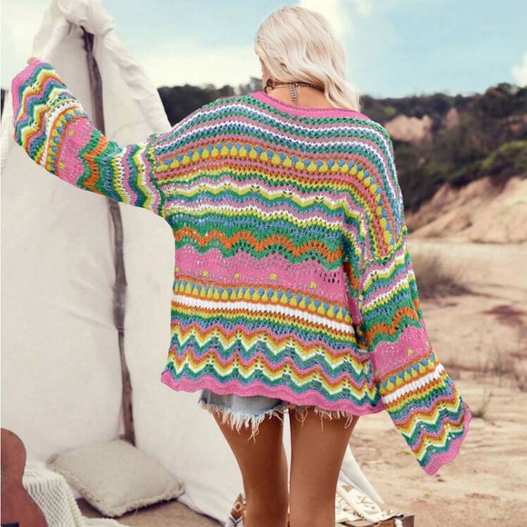 Boho Crocket Bell Sleeve Chevron Color Block Stripe Knit Sweater Top Blouse - Picture 3 of 8